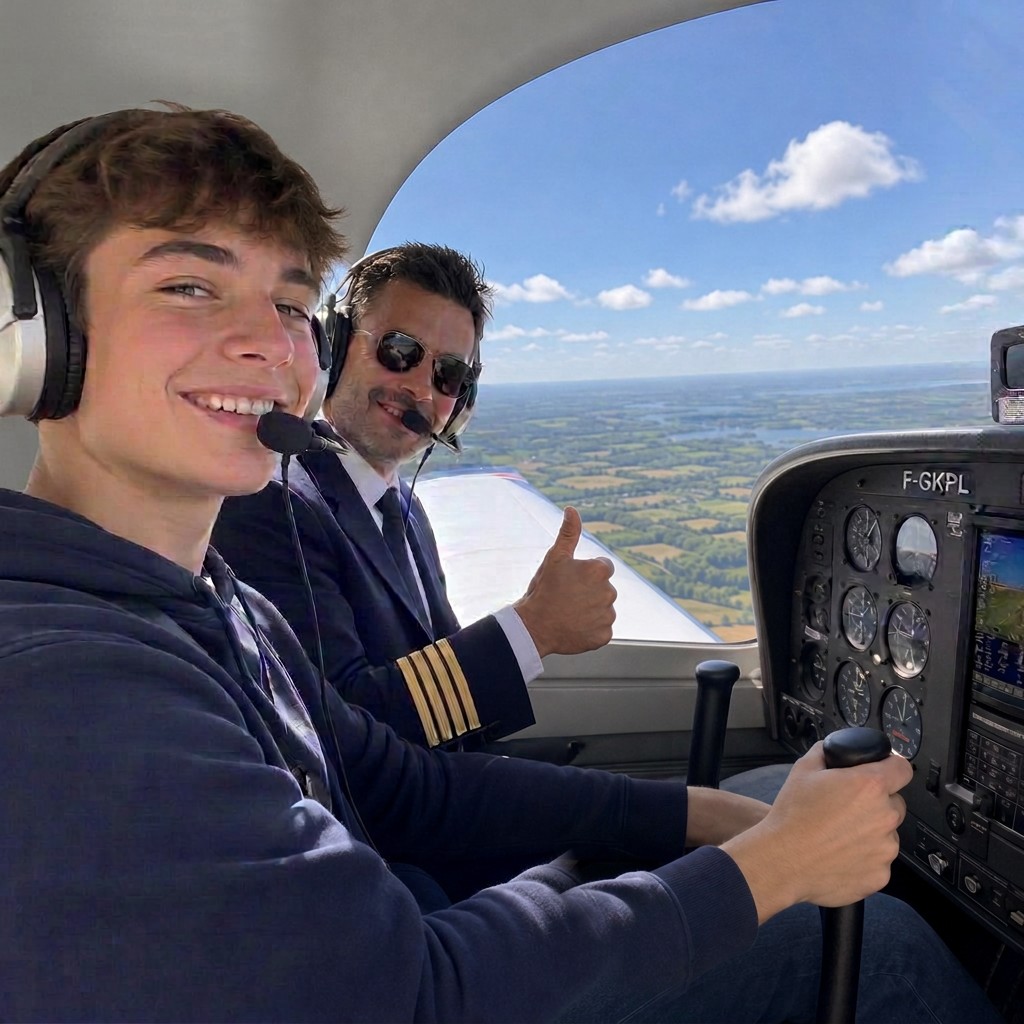 Jeune élève pilote aux commandes d'un avion-école avec son instructeur, en plein vol